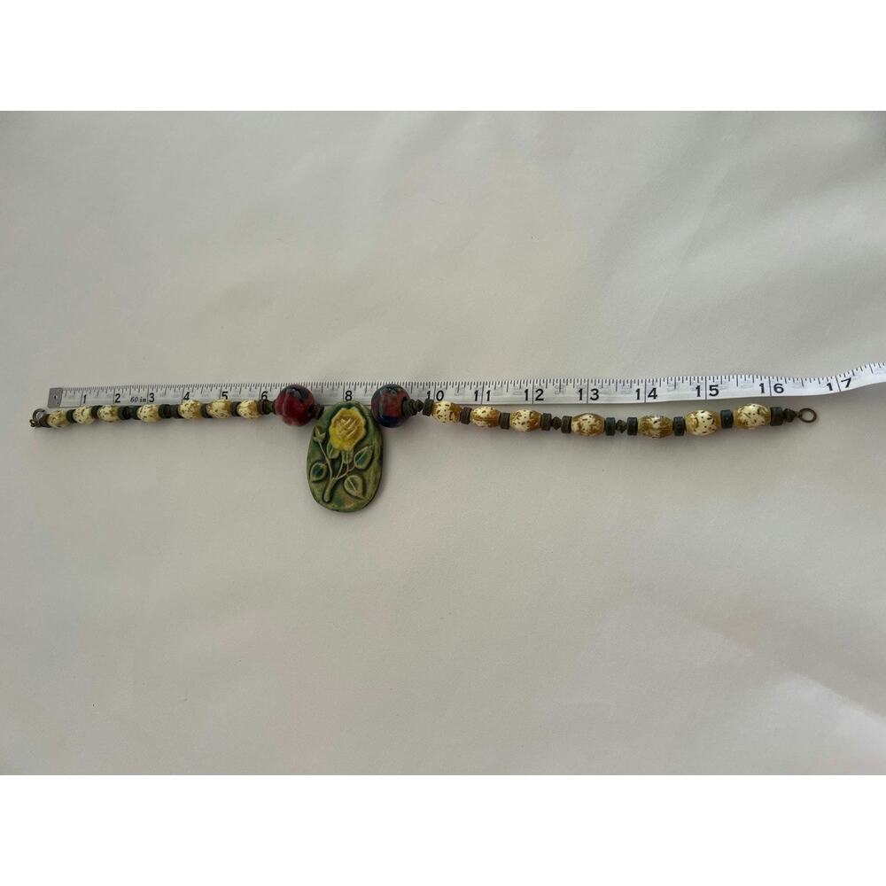 Green & Yellow Ceramic Flower Pendant on Beaded Necklace & Earring Bohemian Chic - Picture 4 of 5
